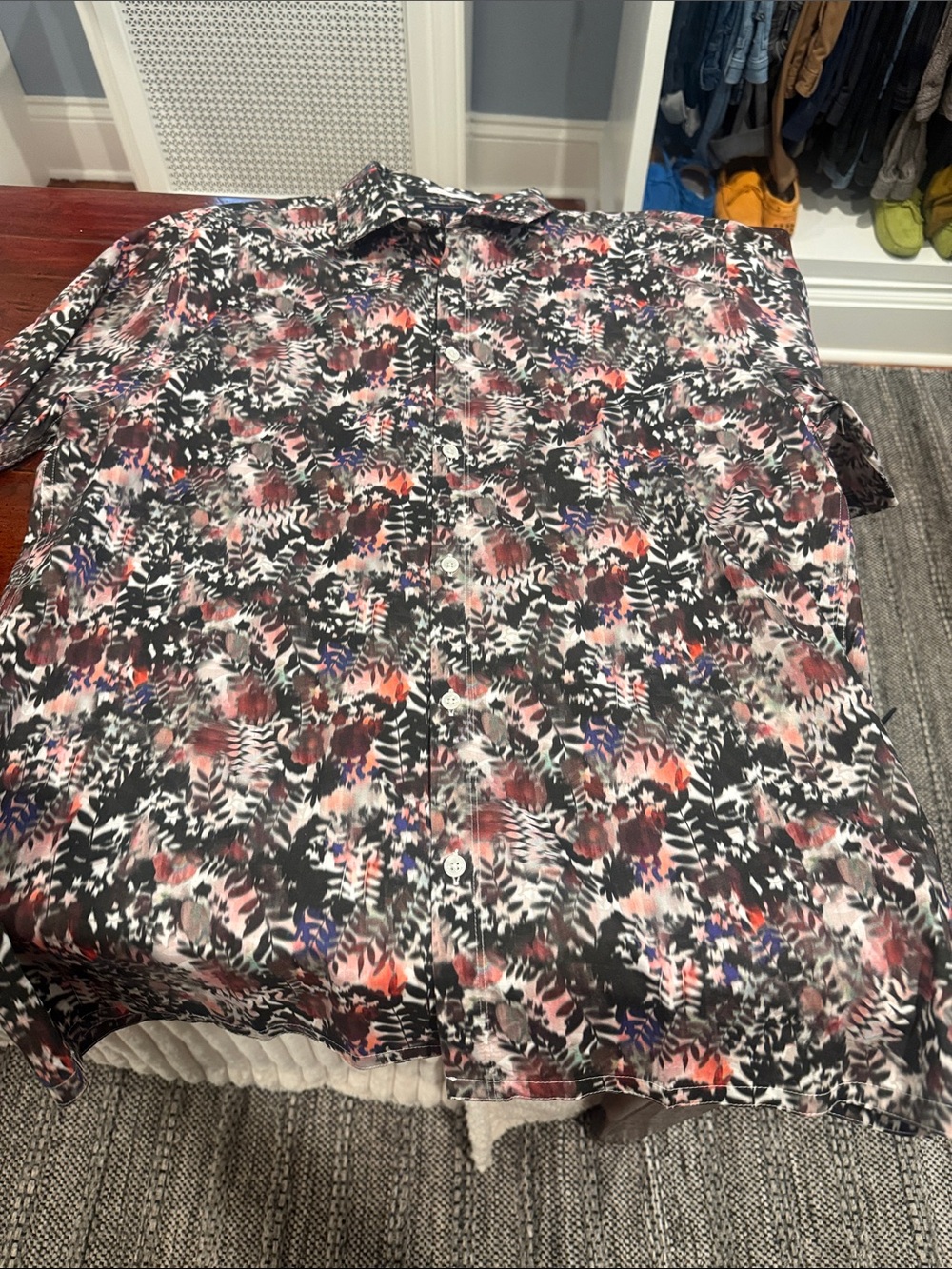 Good Man Brand Black Floral Print Button-Down Shirt with Pink & Orange Accents